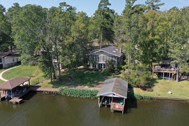 aerial view featuring a water view