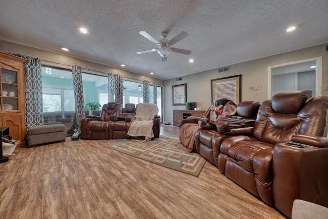 home theater with a healthy amount of sunlight, a textured ceiling, and light hardwood / wood-style flooring