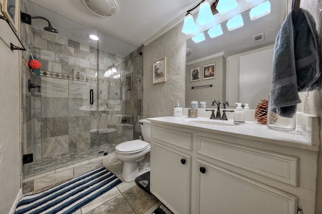 bathroom with a shower with door, a textured ceiling, toilet, vanity, and crown molding