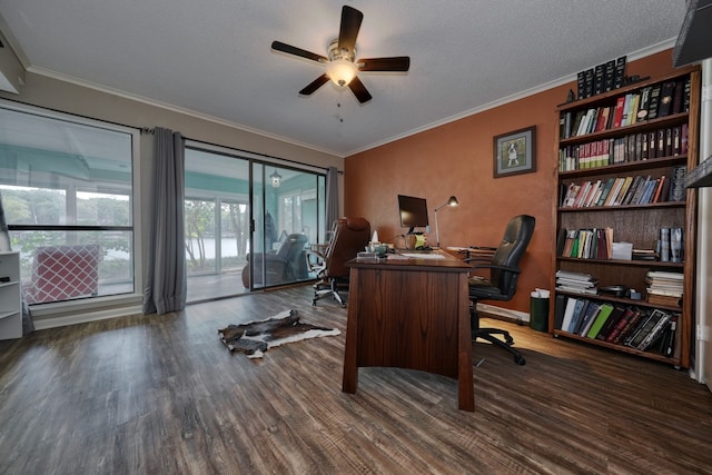 office space with dark wood-type flooring, crown molding, a textured ceiling, and ceiling fan