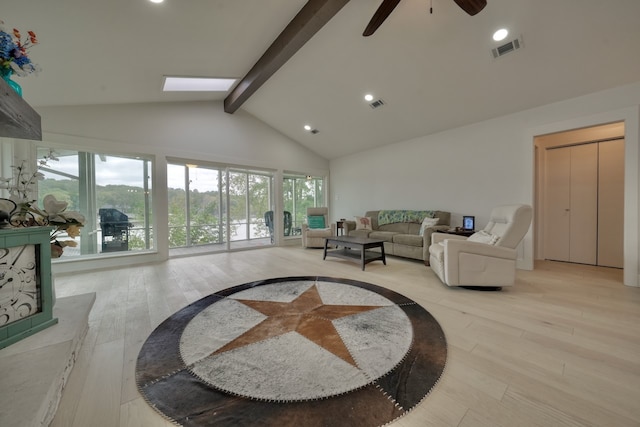 living room with ceiling fan, high vaulted ceiling, beamed ceiling, and light hardwood / wood-style floors