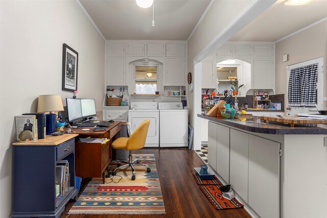 3252 S University Dr, Fort Worth, TX 76109 - office area with dark wood-style flooring, arched walkways, crown molding, and washer and clothes dryer