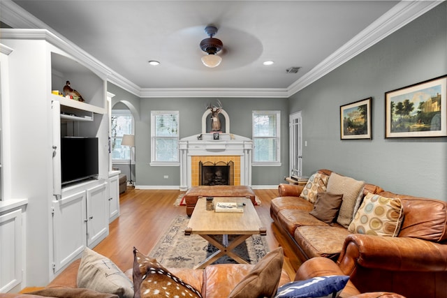 living room with crown molding, light hardwood / wood-style flooring, a fireplace, and ceiling fan