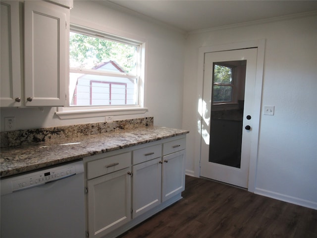 kitchen featuring white cabinetry, a healthy amount of sunlight, dishwasher, and dark hardwood / wood-style flooring