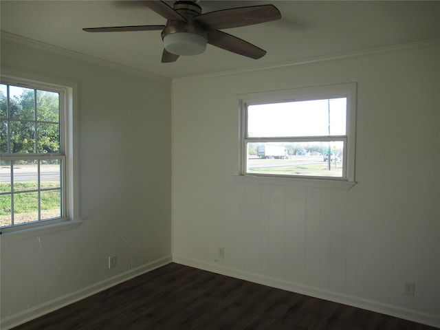 spare room with dark wood-type flooring, crown molding, and ceiling fan