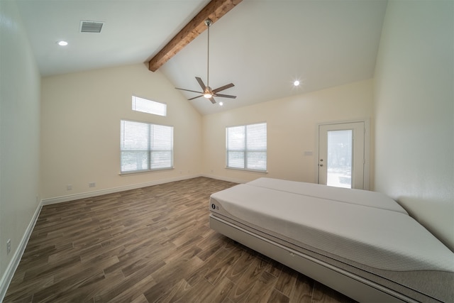 bedroom featuring ceiling fan, beamed ceiling, high vaulted ceiling, and dark hardwood / wood-style flooring