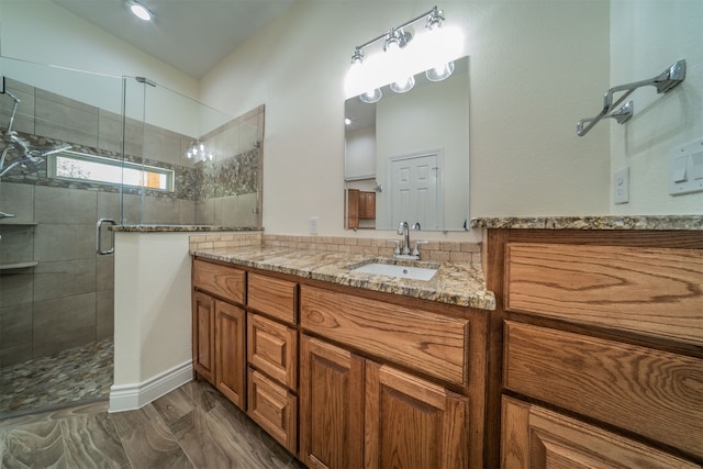 bathroom with vanity, a shower with shower door, and wood-type flooring