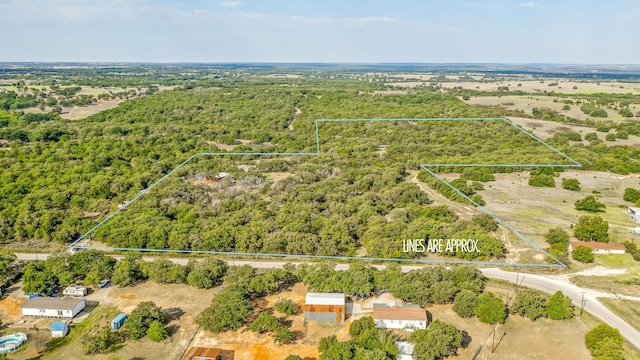 bird's eye view with a wooded view