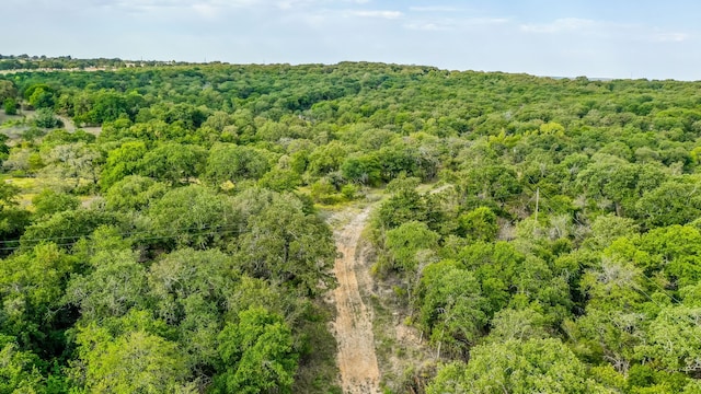 birds eye view of property featuring a wooded view