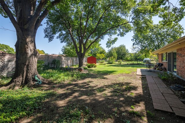 view of yard featuring a storage shed and a patio area