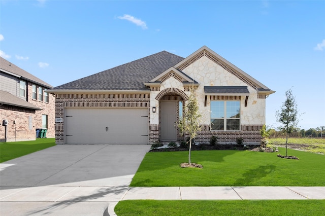 view of front of property with a garage and a front lawn