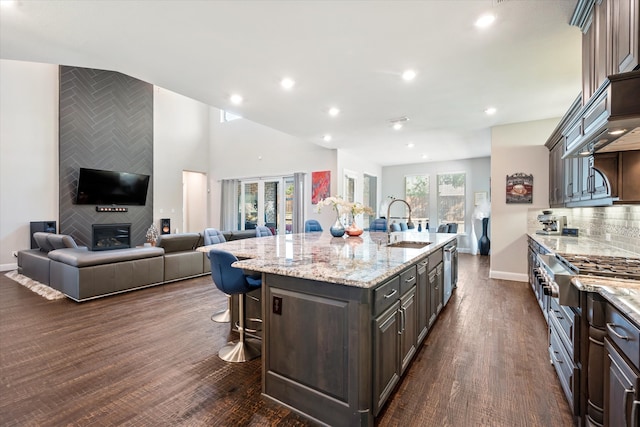 kitchen featuring a kitchen breakfast bar, an island with sink, dark wood-type flooring, dark brown cabinets, and sink