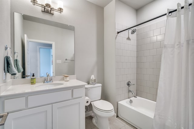 full bathroom with vanity, toilet, tile patterned flooring, and shower / tub combo with curtain