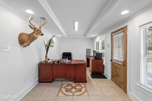 office space with a healthy amount of sunlight, light tile patterned flooring, a raised ceiling, and crown molding