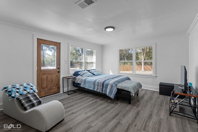 bedroom with wood-type flooring and ornamental molding