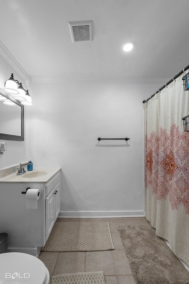 full bathroom with toilet, tile patterned floors, visible vents, and ornamental molding