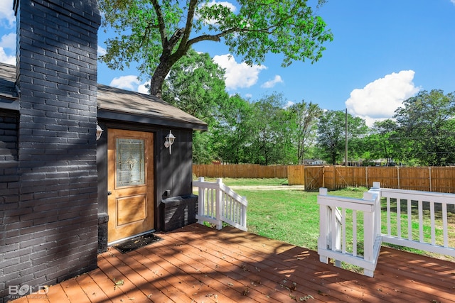 wooden deck featuring a fenced backyard and a lawn