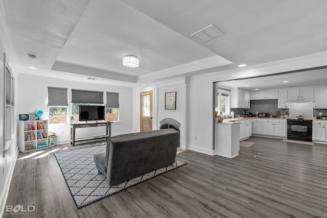 living room featuring ornamental molding, dark wood-type flooring, a fireplace, and a raised ceiling