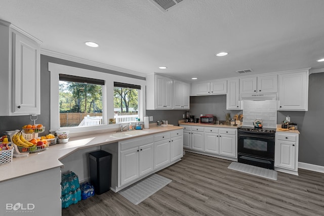 kitchen with visible vents, black range with electric stovetop, light countertops, white cabinetry, and a sink