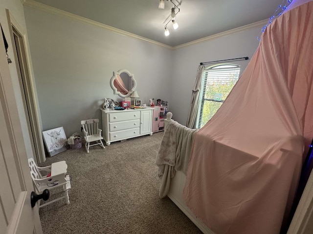 bedroom with crown molding and carpet flooring