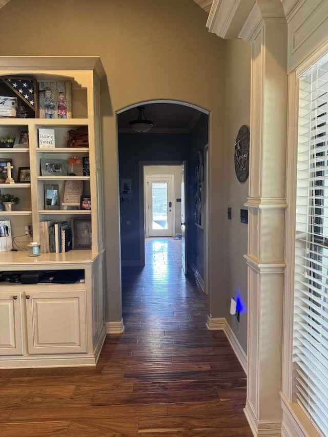 corridor featuring dark wood-type flooring