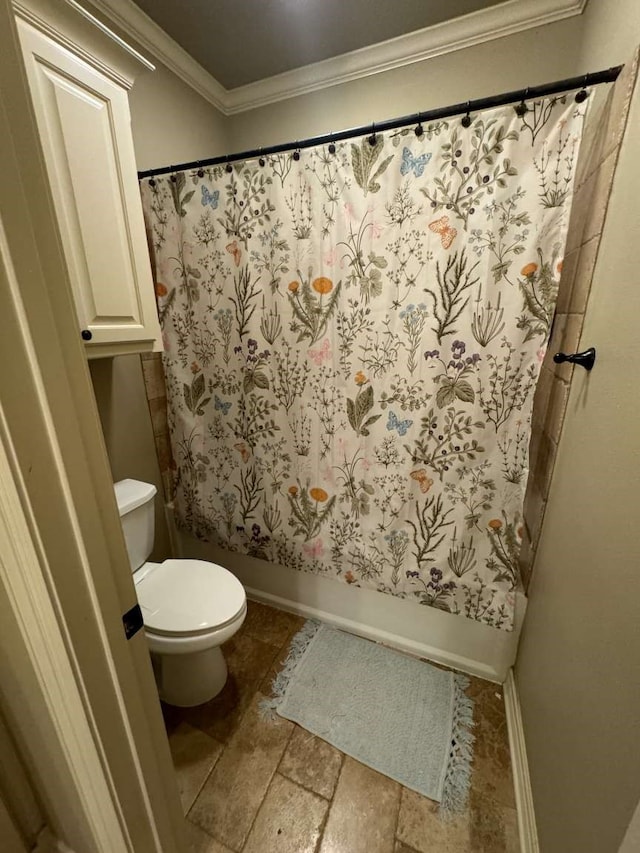 bathroom with toilet and ornamental molding