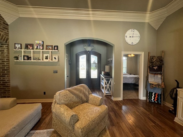 interior space with crown molding and dark hardwood / wood-style floors