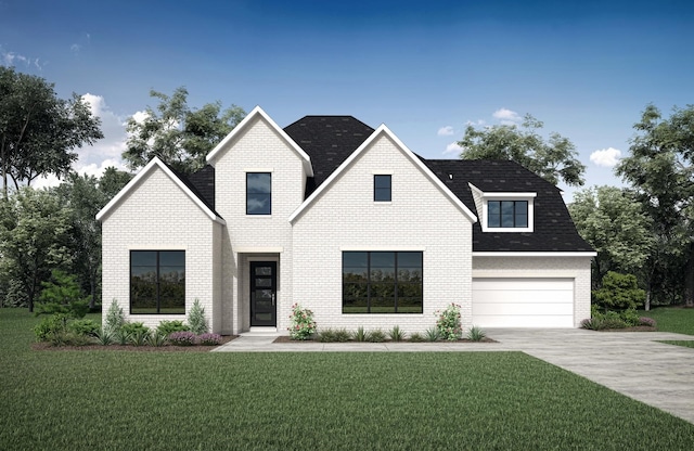 view of front of home with a front yard and a garage