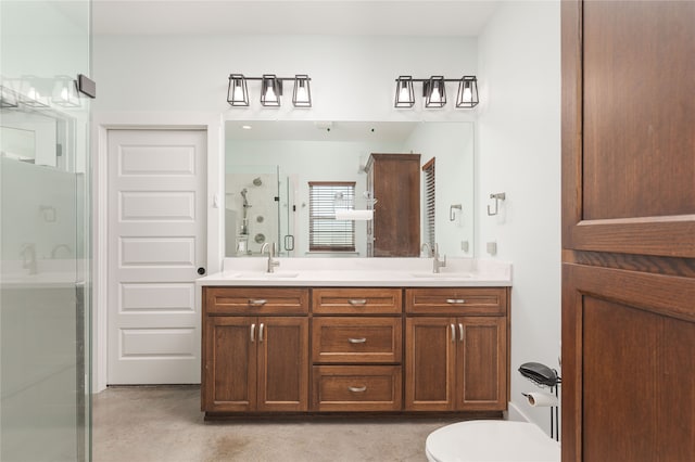 bathroom with vanity, concrete flooring, and an enclosed shower