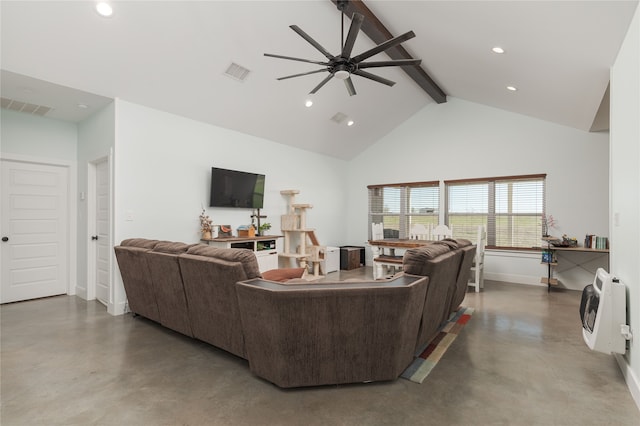 living room featuring beam ceiling, concrete floors, heating unit, and ceiling fan