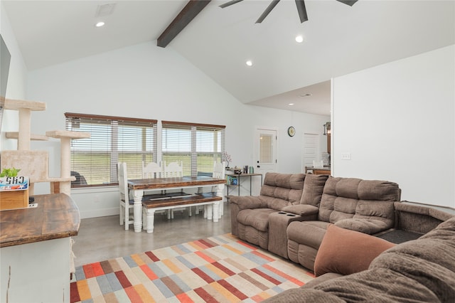 living room with beam ceiling, ceiling fan, and high vaulted ceiling