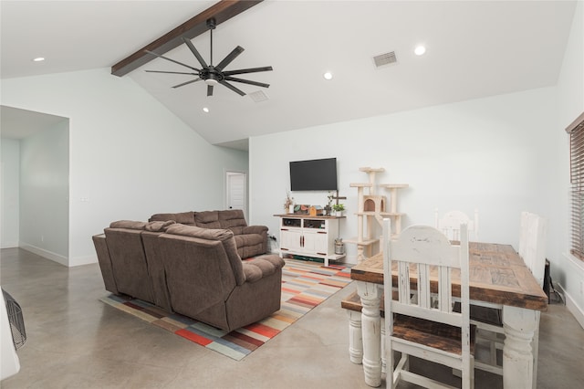 living room with beamed ceiling, ceiling fan, and high vaulted ceiling