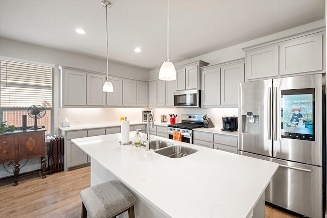 kitchen featuring appliances with stainless steel finishes, light hardwood / wood-style flooring, pendant lighting, and a center island with sink