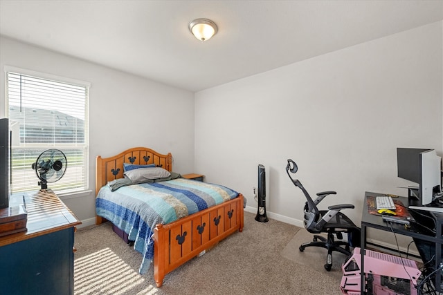 bedroom with light carpet