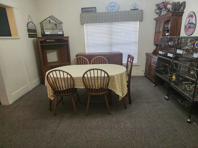 dining area with dark carpet