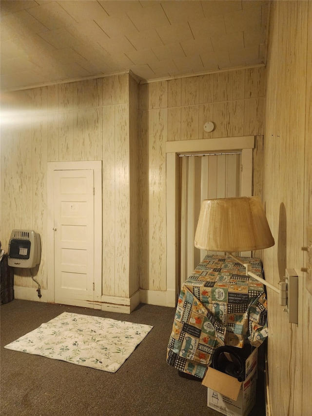 miscellaneous room featuring dark carpet, heating unit, and wood walls