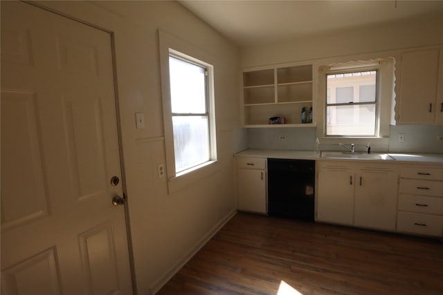 kitchen featuring white cabinetry, dishwasher, dark wood-type flooring, and a wealth of natural light