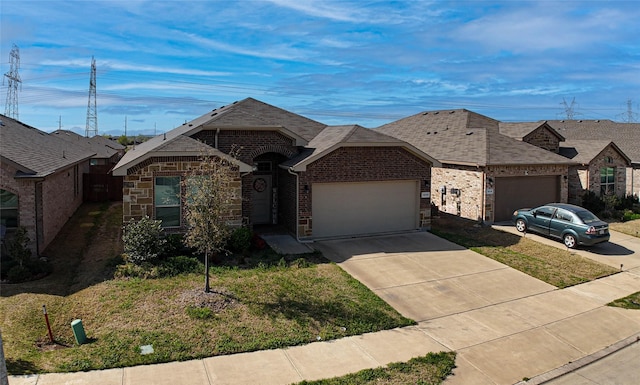 1020 Nicole Way, Fort Worth, TX 76028 - view of front facade with stone siding, concrete driveway, an attached garage, brick siding, and a front lawn