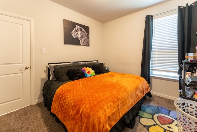 bedroom with dark colored carpet