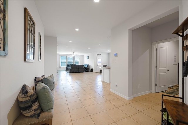 1020 Nicole Way, Fort Worth, TX 76028 - living room featuring light tile patterned floors, recessed lighting, ceiling fan, and visible vents