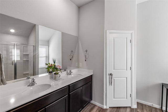 bathroom with vanity, walk in shower, and wood-type flooring