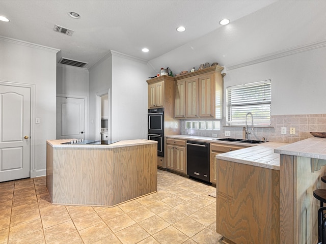 kitchen with backsplash, tile countertops, light tile patterned floors, and black appliances