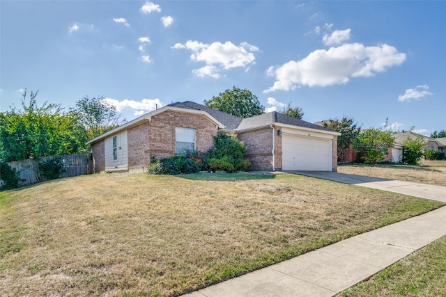 single story home with a front yard and a garage