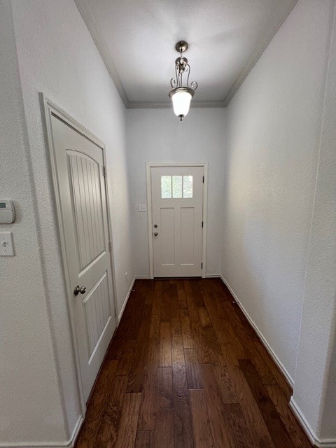 doorway featuring ornamental molding and dark wood-type flooring