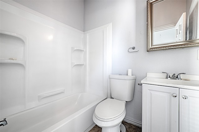 full bathroom featuring vanity, washtub / shower combination, and toilet