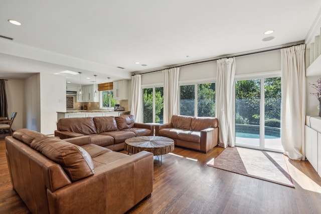 living room featuring wood-type flooring and plenty of natural light