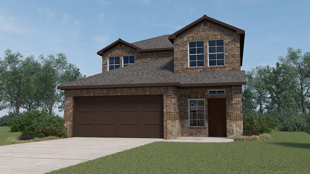 view of front of house featuring a front yard and a garage