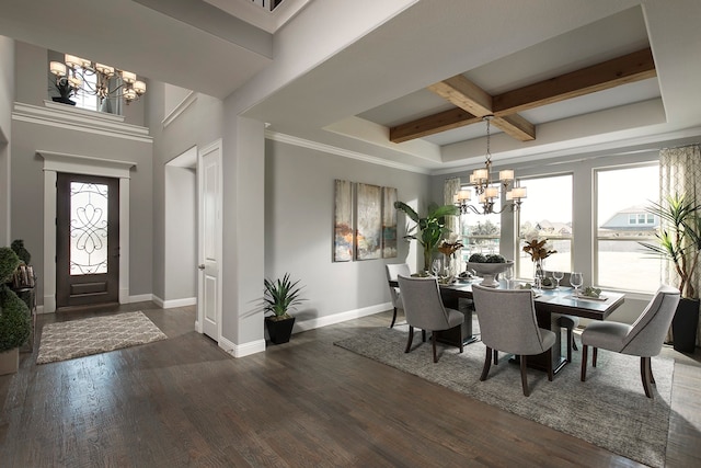 dining area with dark hardwood / wood-style flooring, a notable chandelier, and a wealth of natural light