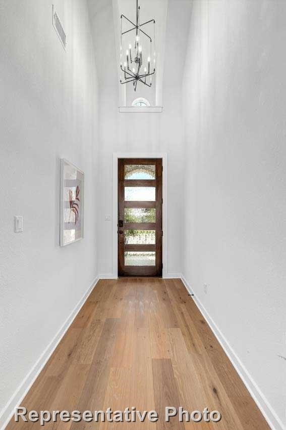 entryway featuring a chandelier, wood-type flooring, and a high ceiling