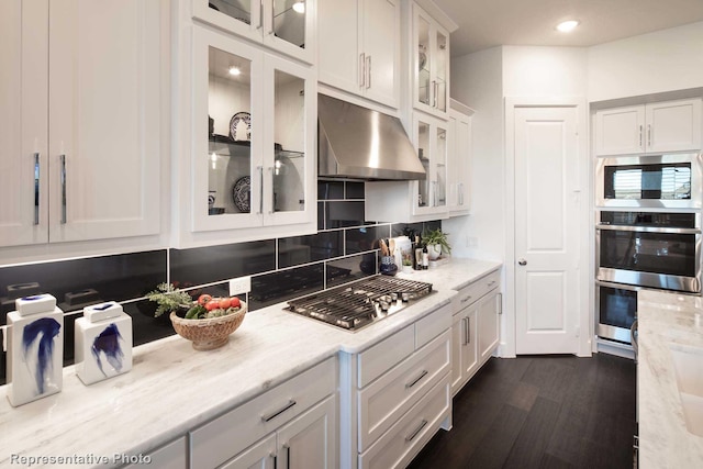 kitchen featuring tasteful backsplash, light stone countertops, dark hardwood / wood-style flooring, white cabinetry, and stainless steel appliances